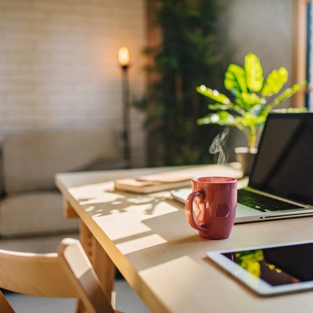 A tidy desk bathed in natural light, featuring a potted plant, a cup of coffee, and stationery, creating a serene and organized workspace.